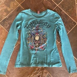 ed hardy christian audigier blue rhinestone skull long sleeve